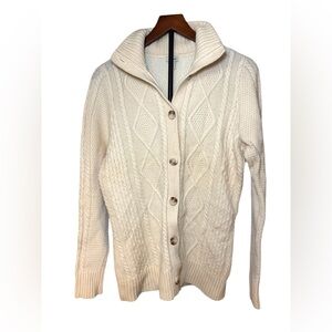 L.L. Bean‎ Women's 80% Fine Merino Wool Ivory Cable Knit Cardigan Sz L EUC